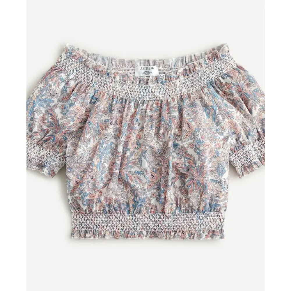 J.Crew Liberty London Smocked Cotton Top Womens M Off Shoulder Faraway Plum